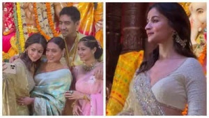Alia Bhatt Stuns in Traditional Saree at Durga Puja Pandal, Joined by Ayan Mukerji & Rani Mukerji