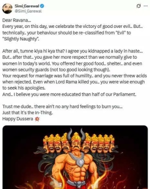 Simi Garewal's Pro-Raavan Post Sparks Outrage: Netizens Criticize 'Naughty, Not Evil' Take on Dussehra Villain