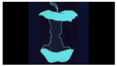 An optical illusion showing either an apple core or two faces.