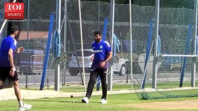 Jasprit Bumrah preparing to bowl in the Edgbaston nets.