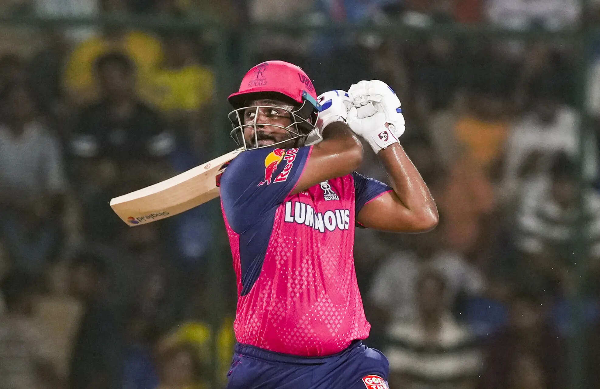 New Delhi: RR's Sanju Samson plays a shot during the IPL 2025 cricket match betw...